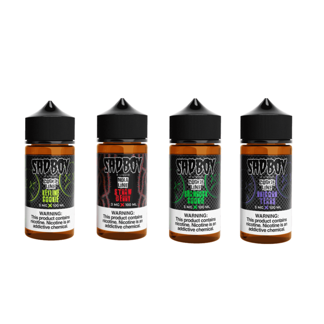 Four bottles of sadboy e-liquid with four different flavours