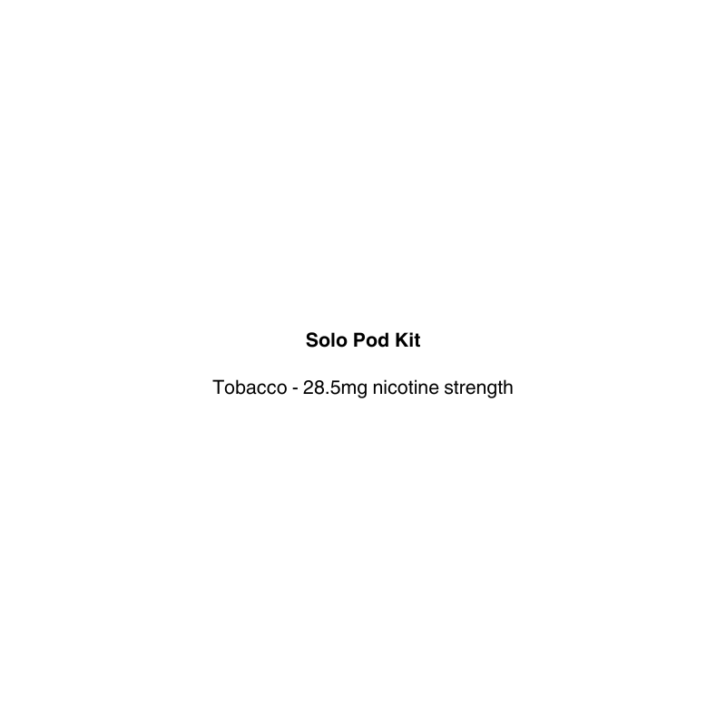 Text on a white background indicating 'Solo Pod Kit Tobacco - 28.5mg nicotine strength'.
