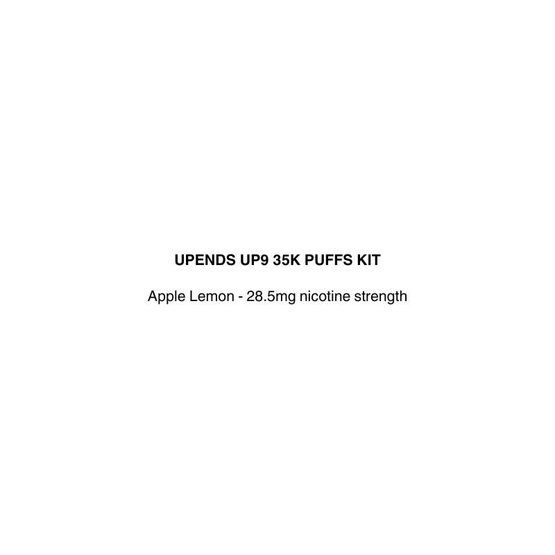 Text on a white background describing an UPENDS UP9 35K PUFFS KIT with Apple Lemon flavor and nicotine strength.