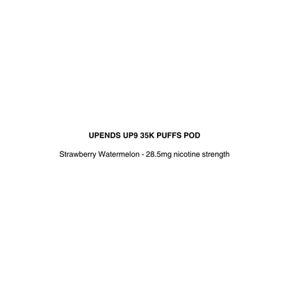 Text label for UP9 35K Puffs Pod with strawberry watermelon flavor and nicotine strength information on a white background