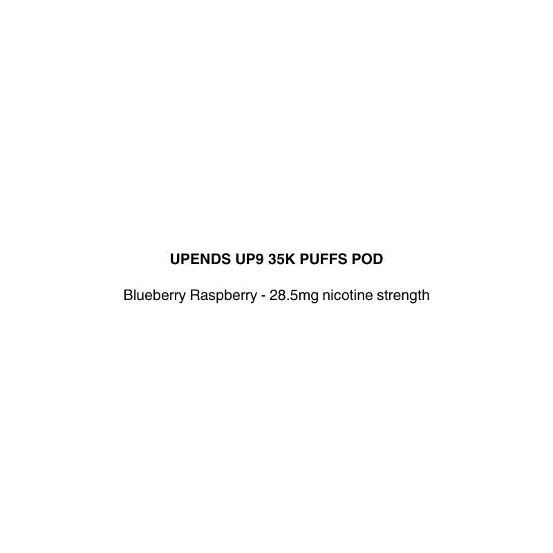 Text on a white background indicating 'UPENDS UP9 35K PUFFS POD' with blueberry raspberry