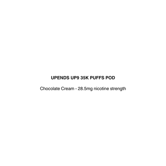 Text on a white background describing an UPENDS UP9 35K PUFFS POD with chocolate cream flavor and nicotine strength.