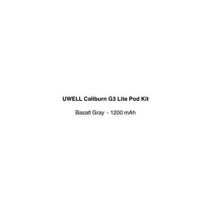 Text description of UWELL Caliburn G3 Lite Pod Kit with basalt gray color on a white background