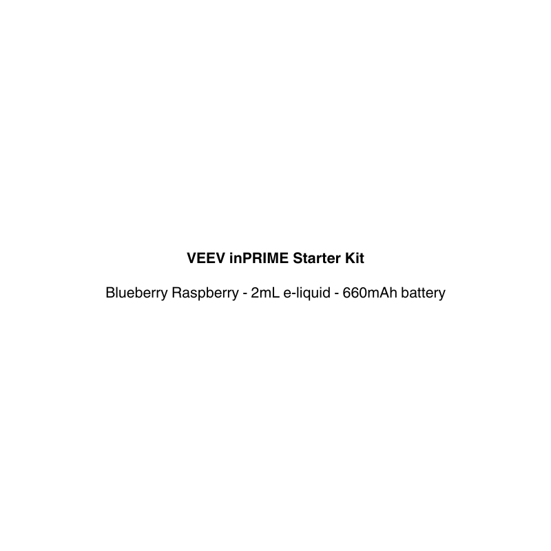 A plain white square with centered black text reading 'VEEV InPRIME Starter Kit' and 'Blueberry Raspberry - 2mL e-liquid - 660mAh battery'.
