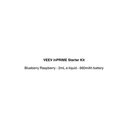 A plain white square with centered black text reading 'VEEV InPRIME Starter Kit' and 'Blueberry Raspberry - 2mL e-liquid - 660mAh battery'.