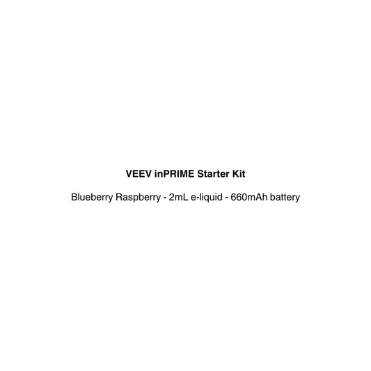 A plain white square with centered black text reading 'VEEV InPRIME Starter Kit' and 'Blueberry Raspberry - 2mL e-liquid - 660mAh battery'.