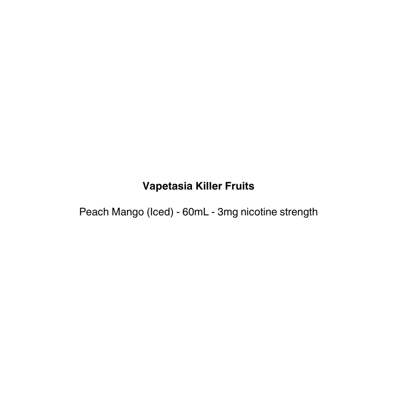 Product label for Vapetasia Killer Fruits Peach Mango (iced) vape juice on a white background