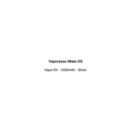 Product description card for Vaporesso iMate OS Vape Kit with silver color