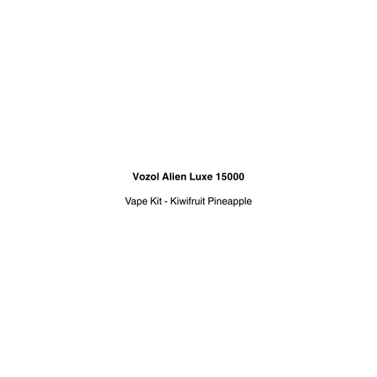 Text on a white background indicating 'Vozol Alien Luxe 15000 Vape Kit - Kiwifruit Pineapple' available in vapecloud vape shop pakuranga