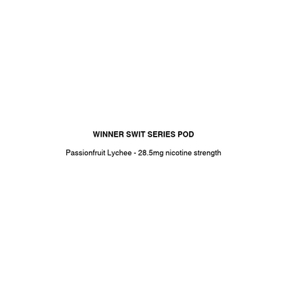 Centered black text on a plain white background reading 'WINNER SWIT SERIES POD' and 'Passionfruit Lychee - 28.5mg nicotine strength'.