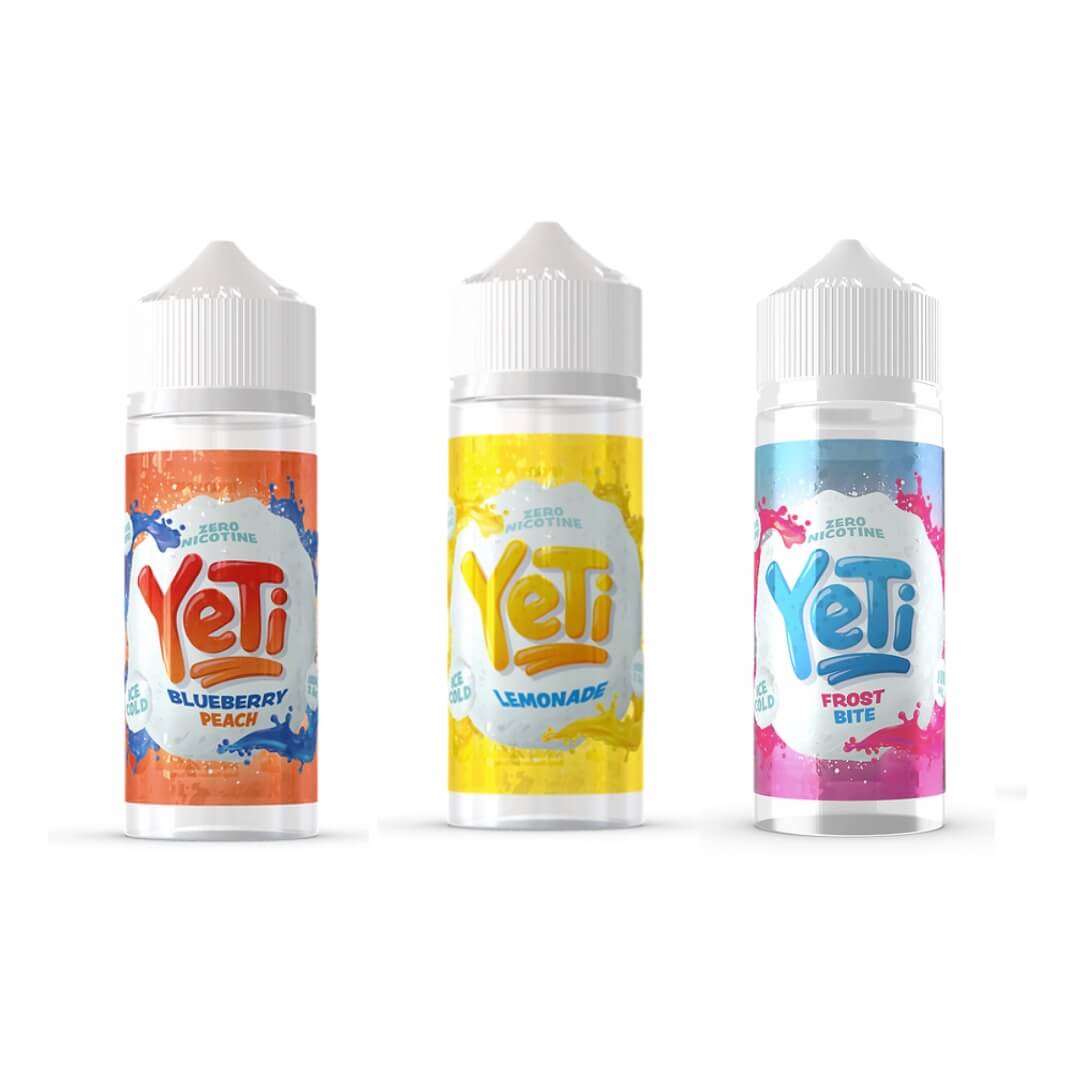 Yeti e-liquid 100 ml blueberry peach, lemonade, and frosty bite flavours