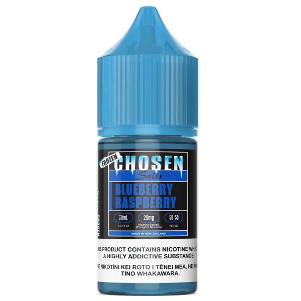 a blue bottle of chosen salts eliquid blueberry raspberry