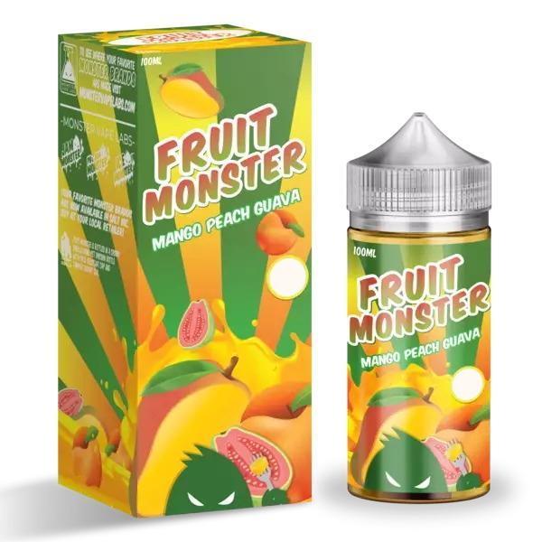 a box and a bottle of fruit monster e-liquid mango peach guava flavour