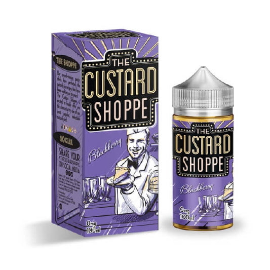 a purple box and bottle with white cap of custard shoppe blackberry e-liquid