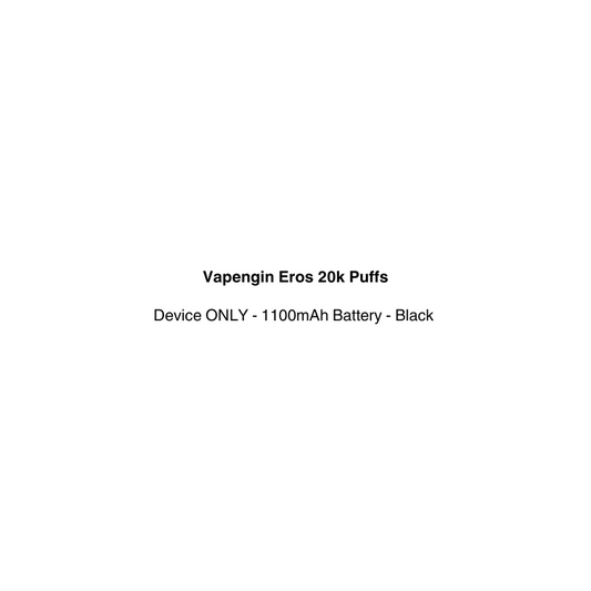 Product description card for Vapengin Eros 20k Puffs device with 1100mAh with black color.