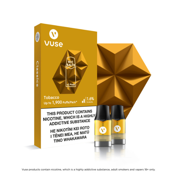 a golden box and two pods of vuse replacement pods in tobacco flavor