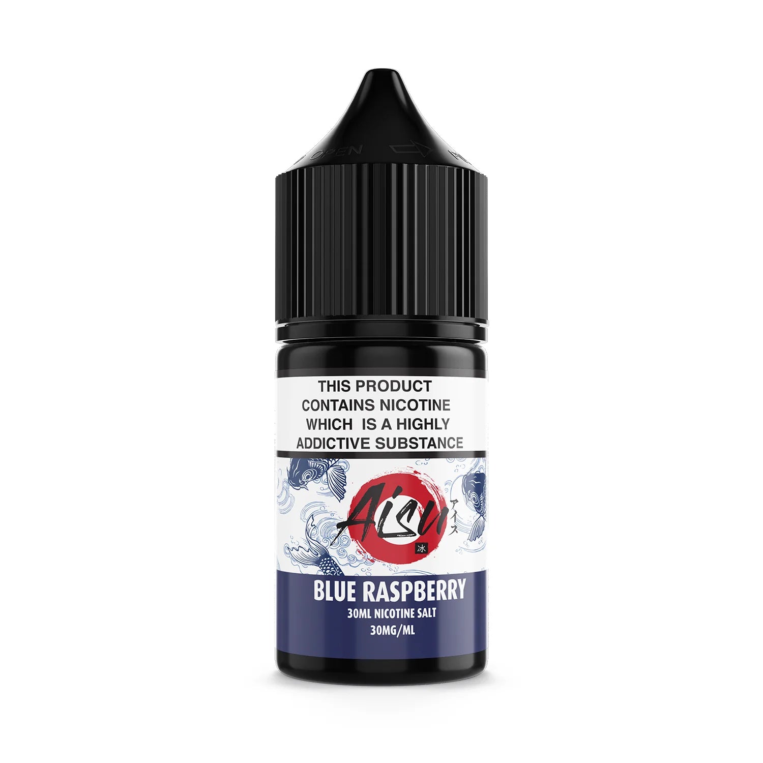 a blue raspberry flavour of zap aisu nicsalt in white bottle and black cap