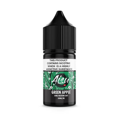 a green and black bottle of e liquid with white flowers