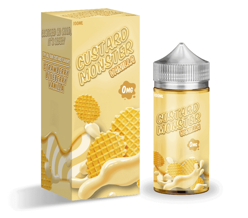 a yellow box and bottle of custard monster vanilla