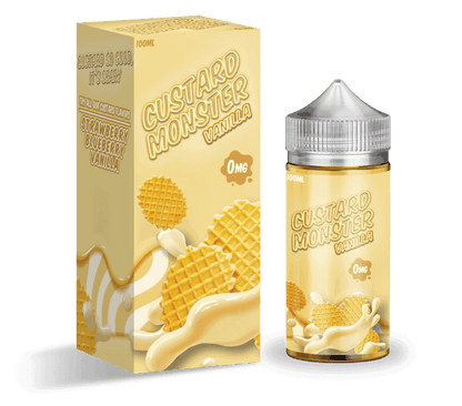 a yellow box and bottle of custard monster vanilla