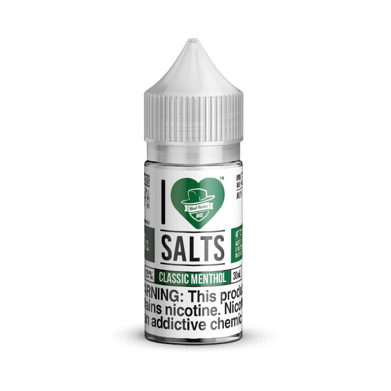 I Love salts A white bottle with green heart and classic menthol written on it