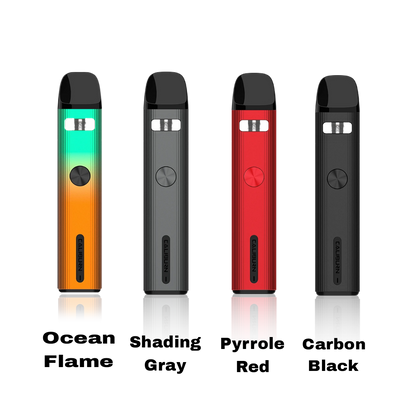 Four color selection of Caliburn G2 pod: Ocean flame, shading gray, Pyrrole Red and Carbon Black colors