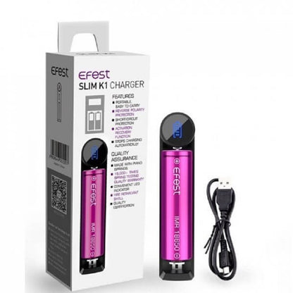 a purple battery with a white box and a black cable of Efest Charger