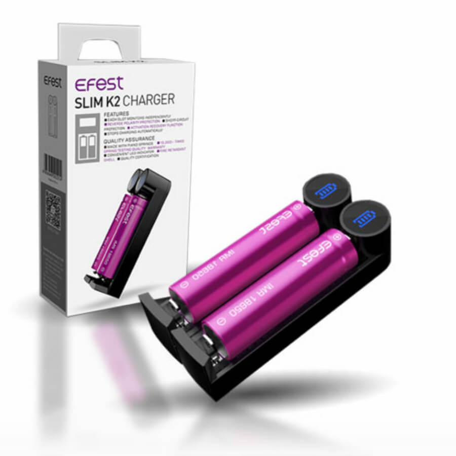 a white box of efest slim with two purple batteries