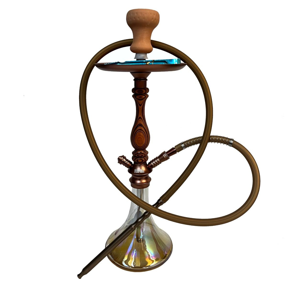 a gold color hookah with clay bowl and hookah pipe