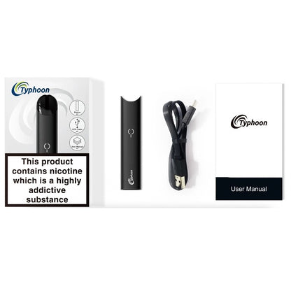 typhoon vape kit of a box, vape device, type c cable and user guide